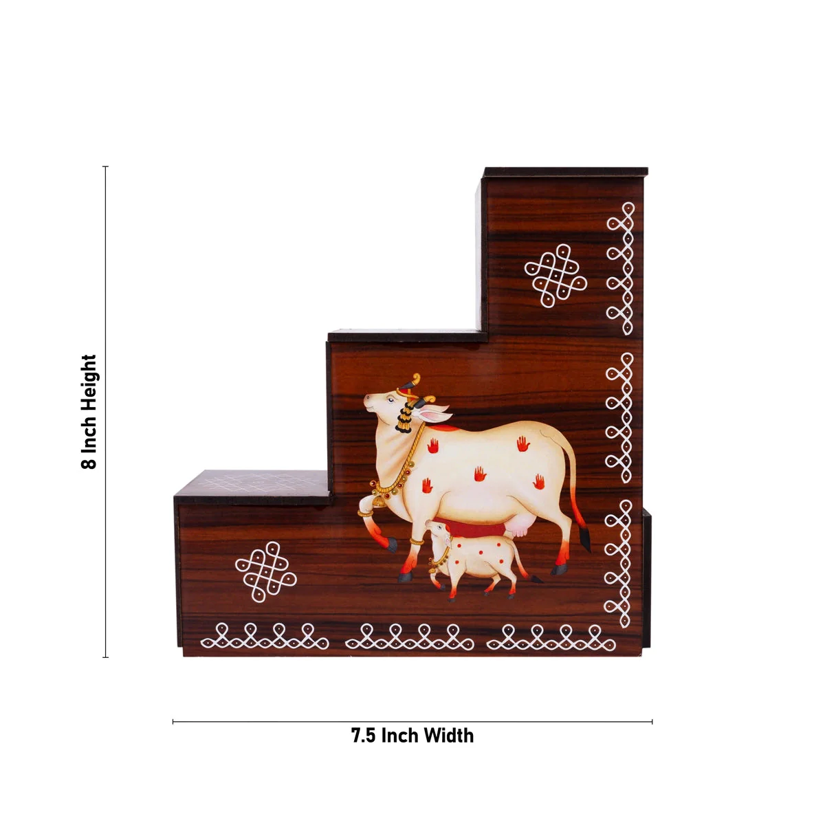 Diya Stand - 8 x 7.5 x 2.5 Inches | 3 Steps Lamp Stand / Kolam & Cow Calf Design Wooden Stand for Deepam & Home - Image 6