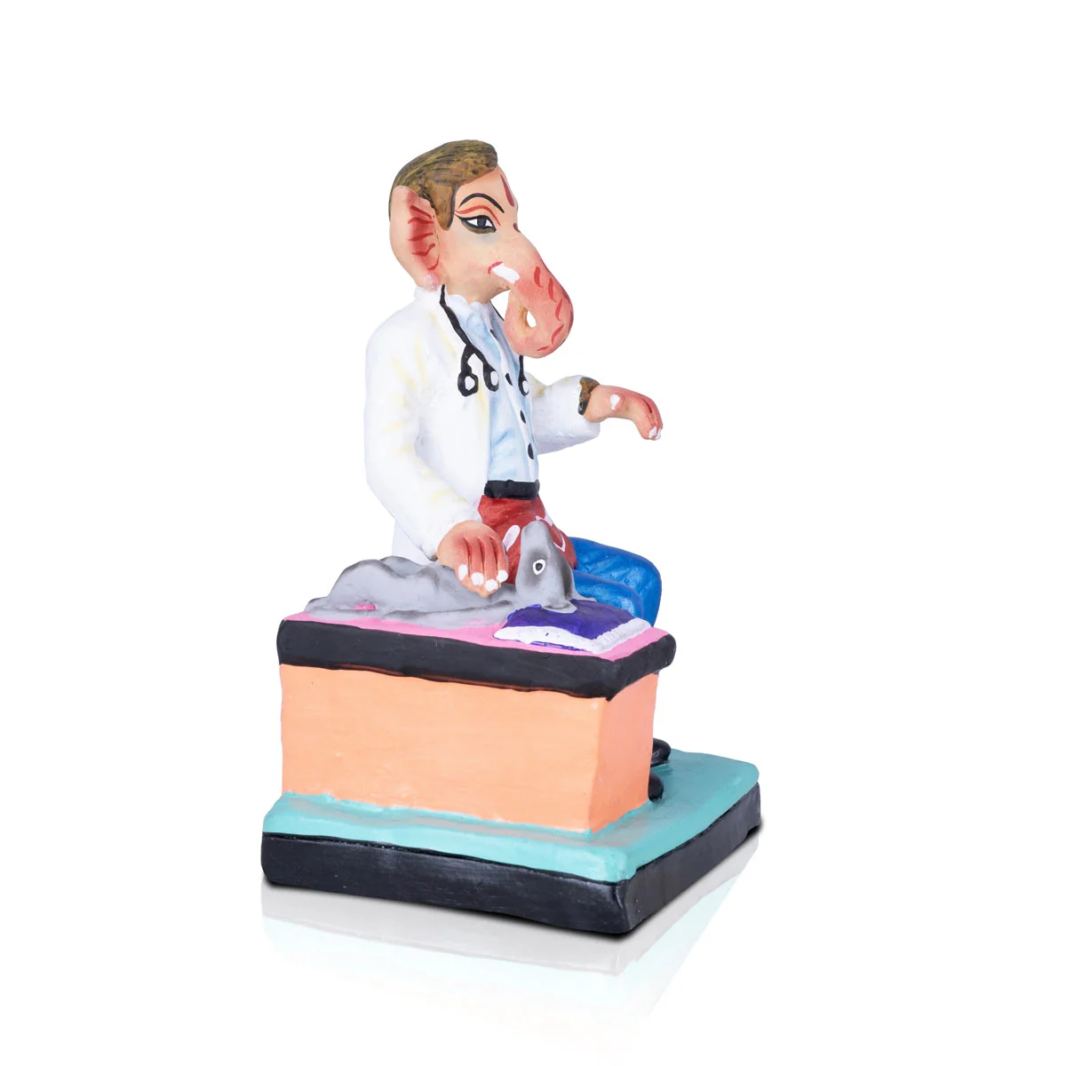 Doctor Ganesh Murti Checking Mooshika Clay Golu Bommai - 9 X 5 Inches | Navaratri Gombe/ Giri Golu Doll - Image 3