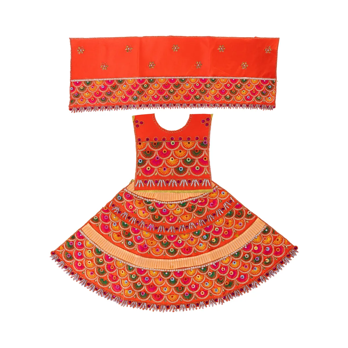 Durga Dress - 12.5 Inches | Lehenga Patka/ Embroidery Amman Pavadai For Deity Decor/ Assorted Colour - Image 4