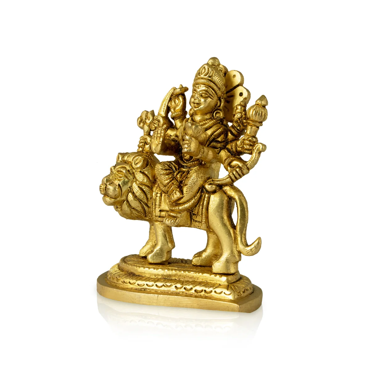 Durga Idol Sitting On Lion - 3.5 x 3 Inches | Antique Brass Idol/ Durga Murti With Leaf Base for Pooja - Image 2