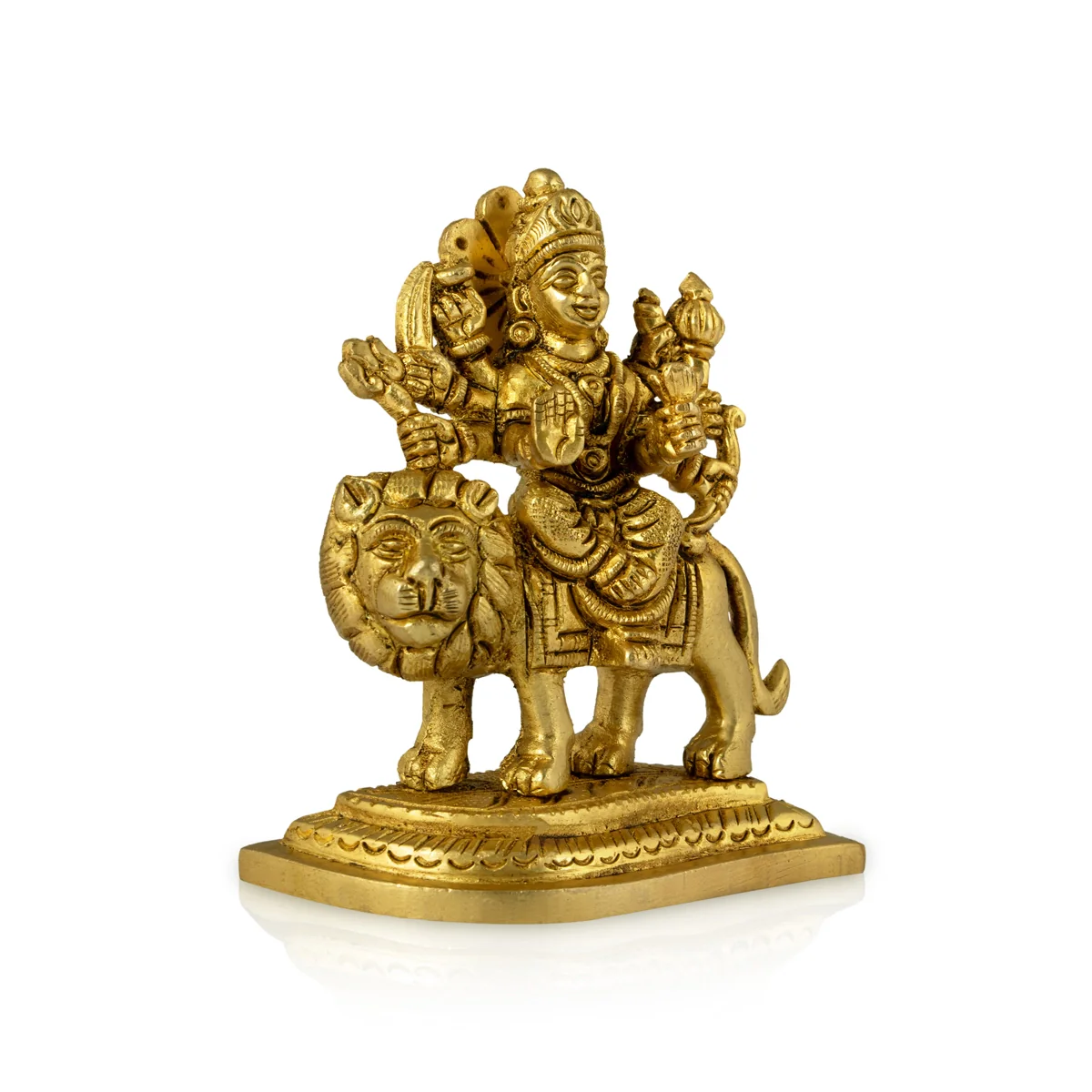 Durga Idol Sitting On Lion - 3.5 x 3 Inches | Antique Brass Idol/ Durga Murti With Leaf Base for Pooja - Image 3