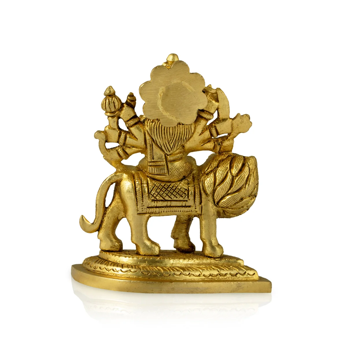 Durga Idol Sitting On Lion - 3.5 x 3 Inches | Antique Brass Idol/ Durga Murti With Leaf Base for Pooja - Image 5