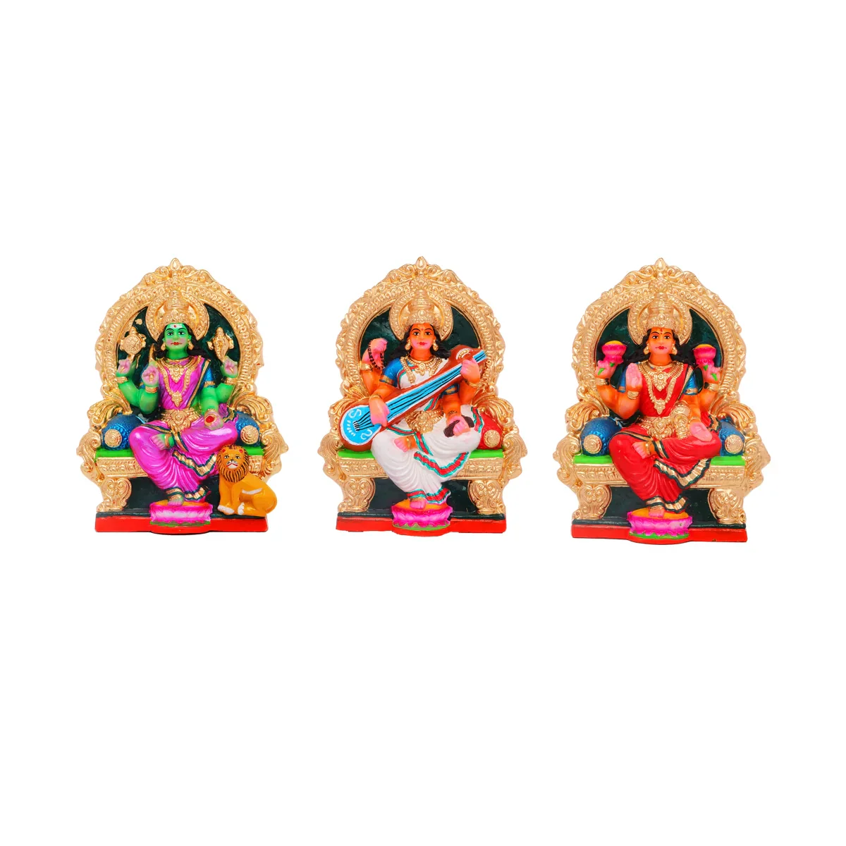 Durga Lakshmi Saraswathi Clay Golu Bommai Set - 11 Inches | Giri Golu Doll/ Navaratri Golu Bomma/Gombe/Bommai - Image 2