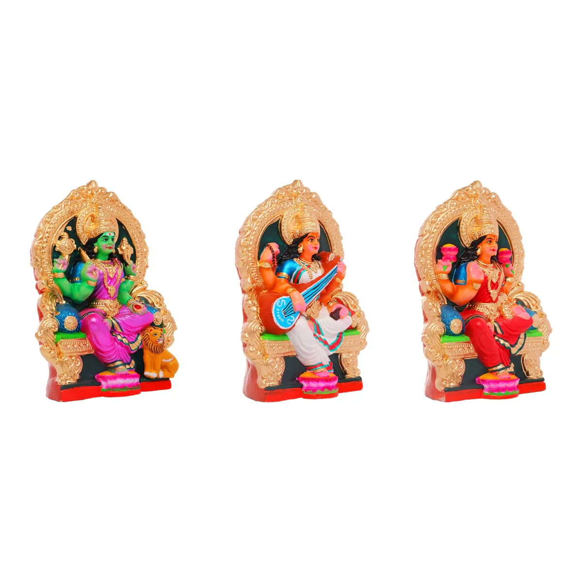 Durga Lakshmi Saraswathi Clay Golu Bommai Set - 11 Inches | Giri Golu Doll/ Navaratri Golu Bomma/Gombe/Bommai - Image 3