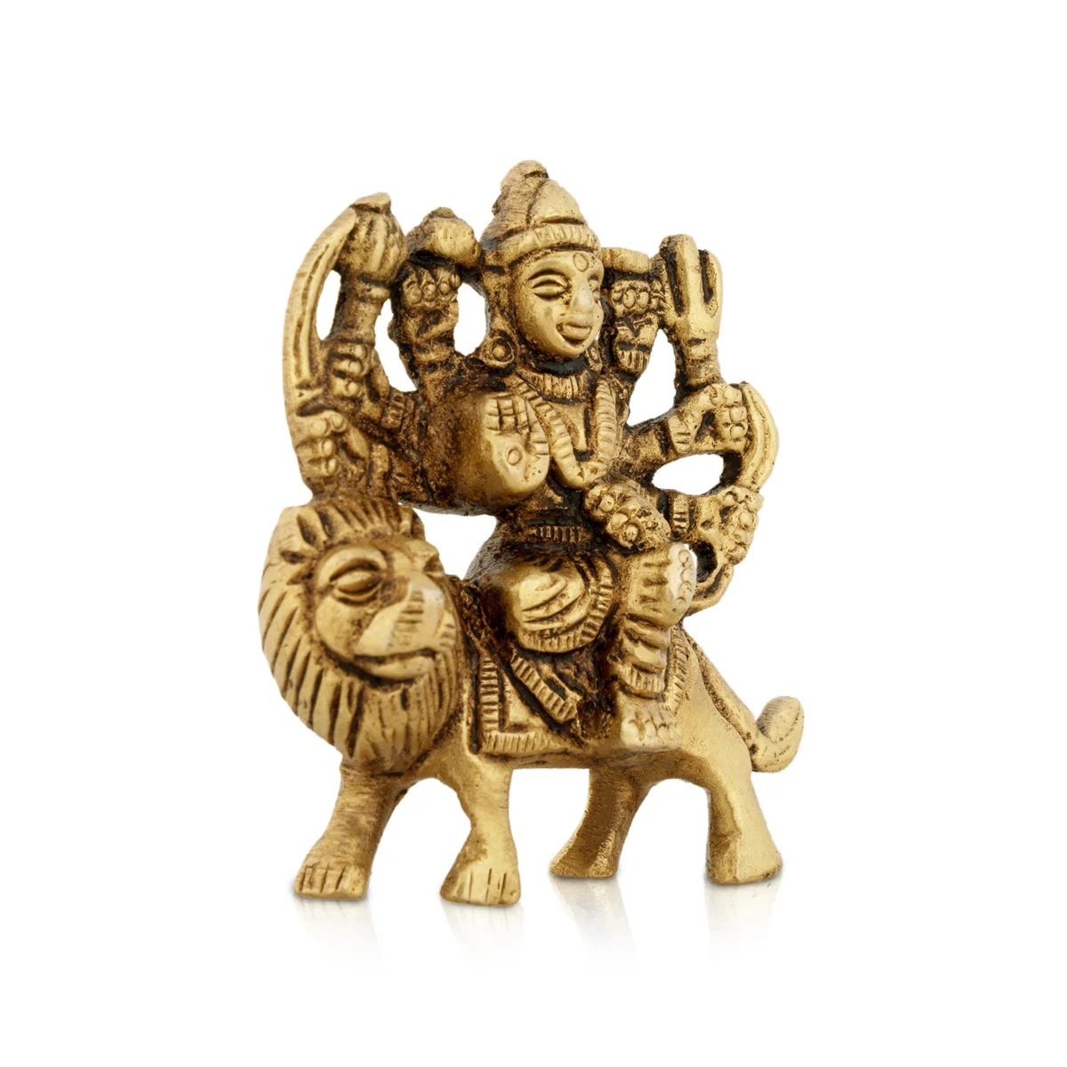 Durga Statue Sitting On Lion - 2.5 x 2.5 Inches | Antique Brass Idol/ Durga Idol With 8 Hands for Pooja - Image 2