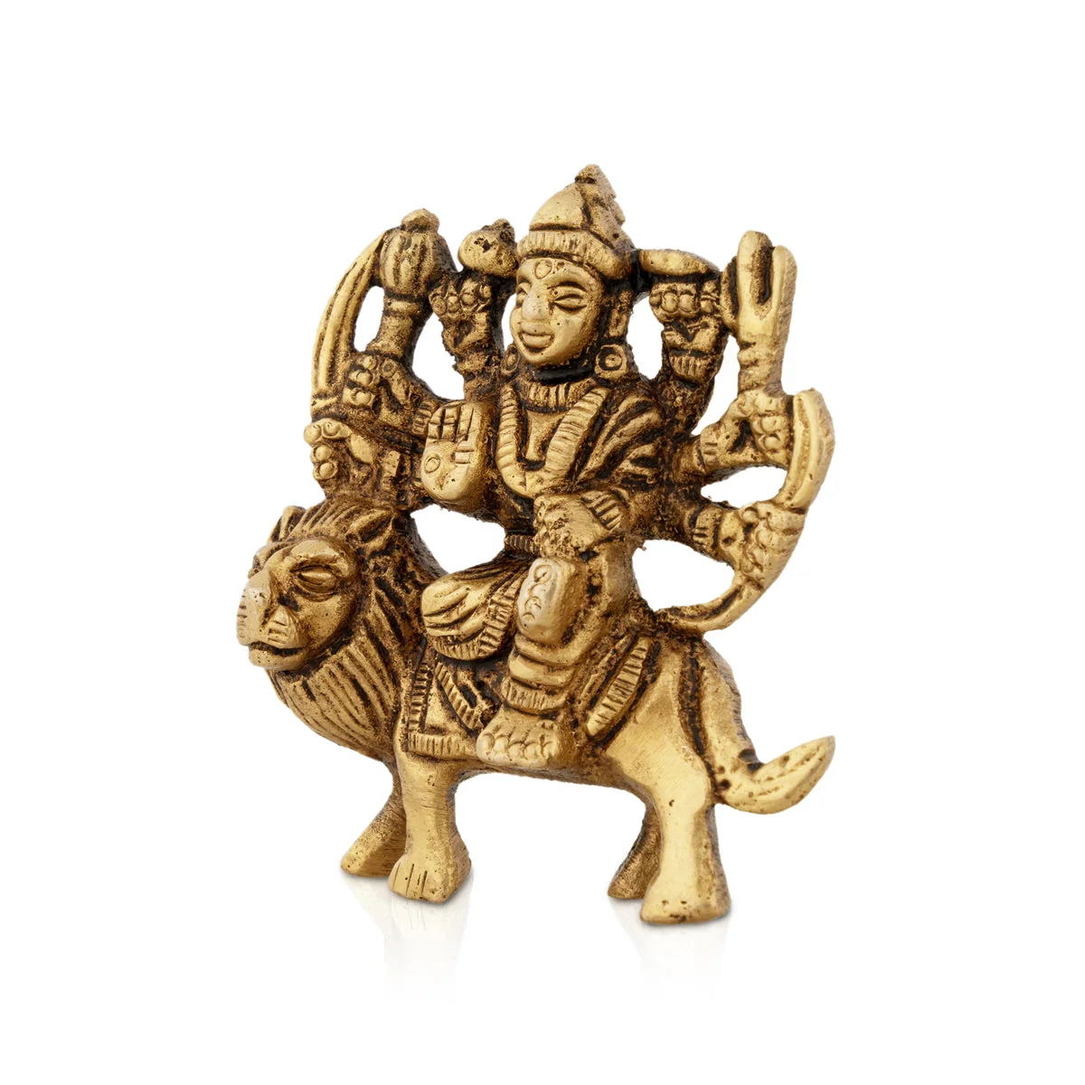 Durga Statue Sitting On Lion - 2.5 x 2.5 Inches | Antique Brass Idol/ Durga Idol With 8 Hands for Pooja - Image 3