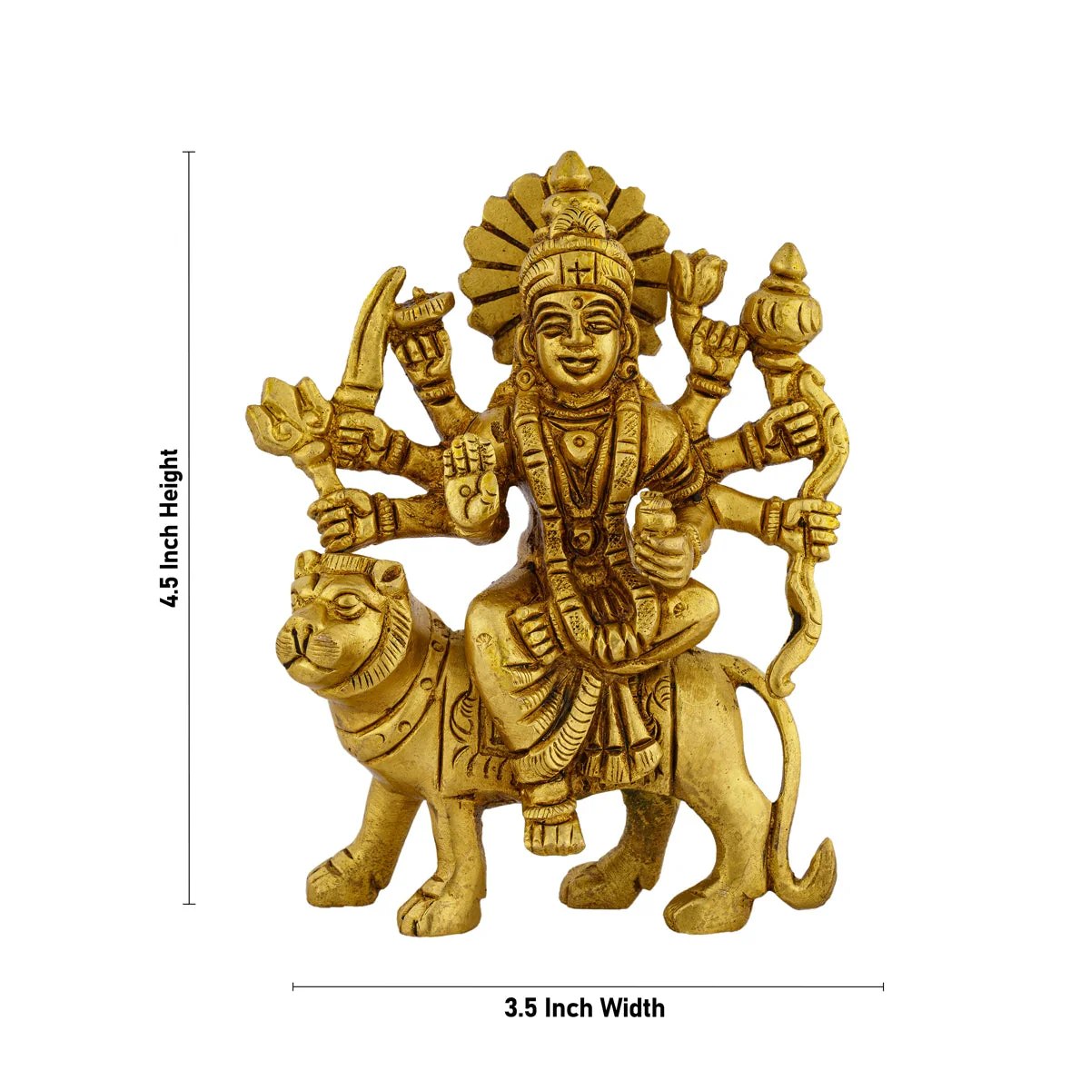 Durga Statue Sitting On Lion - 4.5 x 3.5 Inches | Antique Brass Idol/ Durga Idol With 8 Hands for Pooja - Image 2