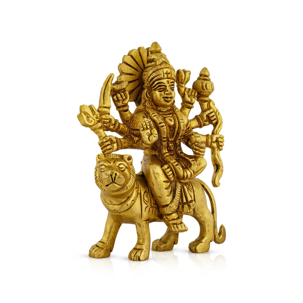 Durga Statue Sitting On Lion - 4.5 x 3.5 Inches | Antique Brass Idol/ Durga Idol With 8 Hands for Pooja - Image 3