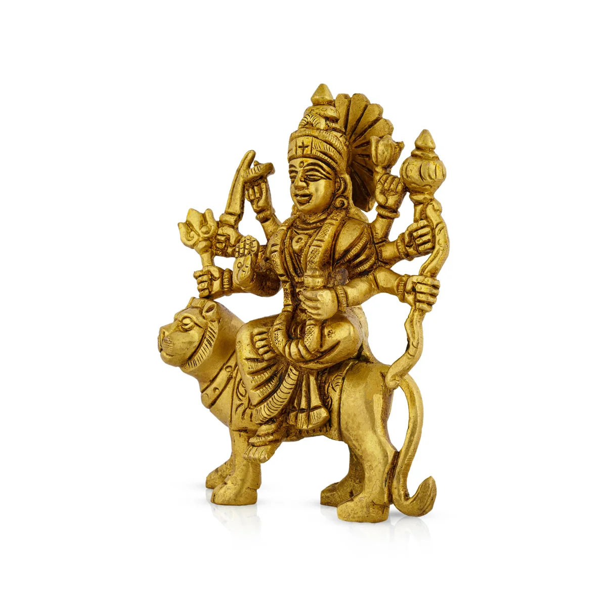 Durga Statue Sitting On Lion - 4.5 x 3.5 Inches | Antique Brass Idol/ Durga Idol With 8 Hands for Pooja - Image 4