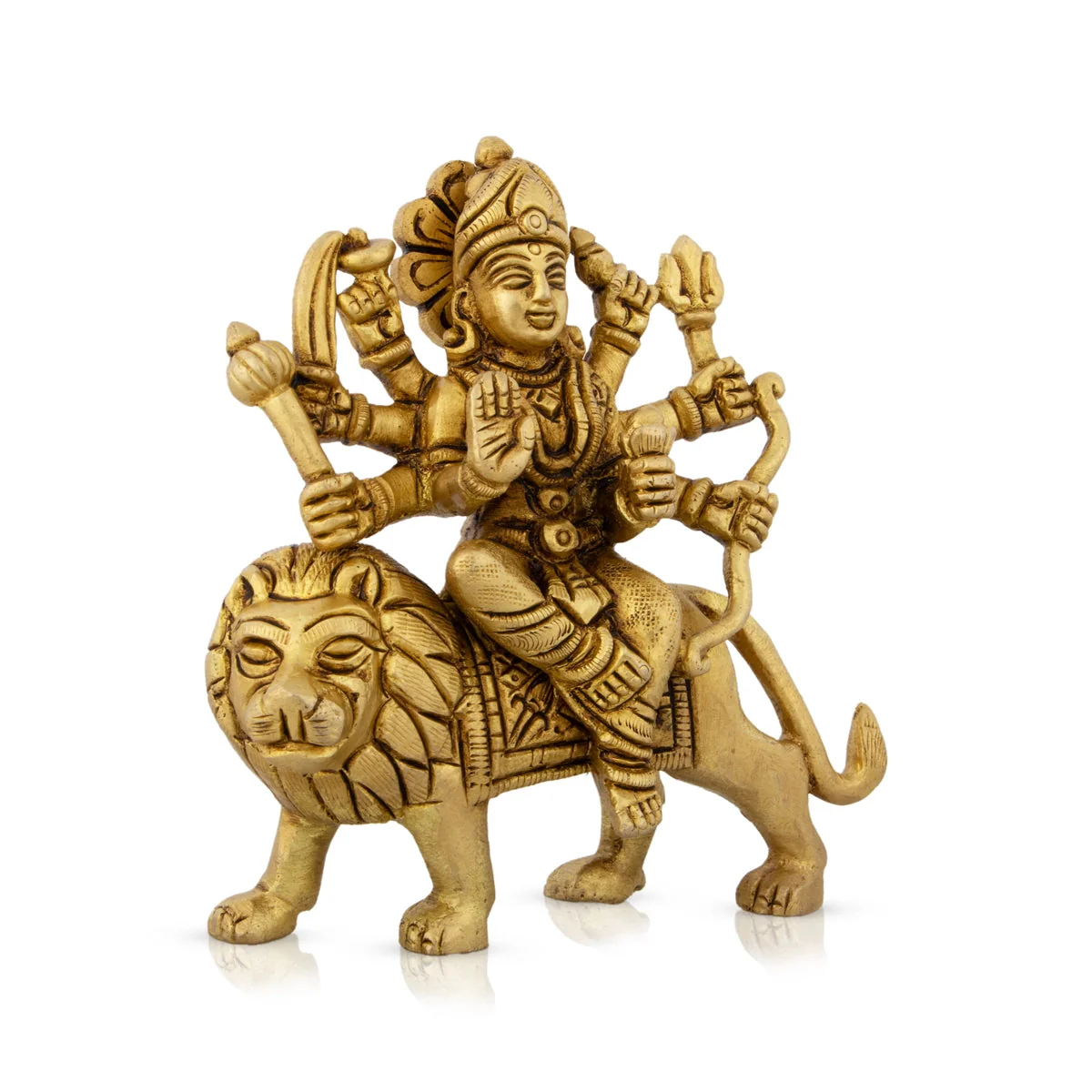 Durga Statue Sitting On Lion - 4.5 x 4 Inches | Antique Brass Idol/ Durga Idol With 8 Hands for Pooja - Image 2