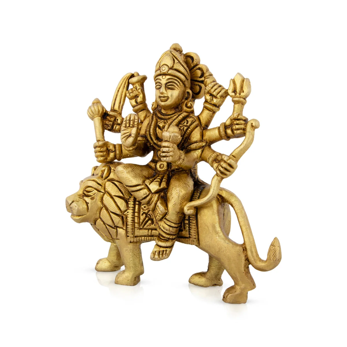 Durga Statue Sitting On Lion - 4.5 x 4 Inches | Antique Brass Idol/ Durga Idol With 8 Hands for Pooja - Image 3
