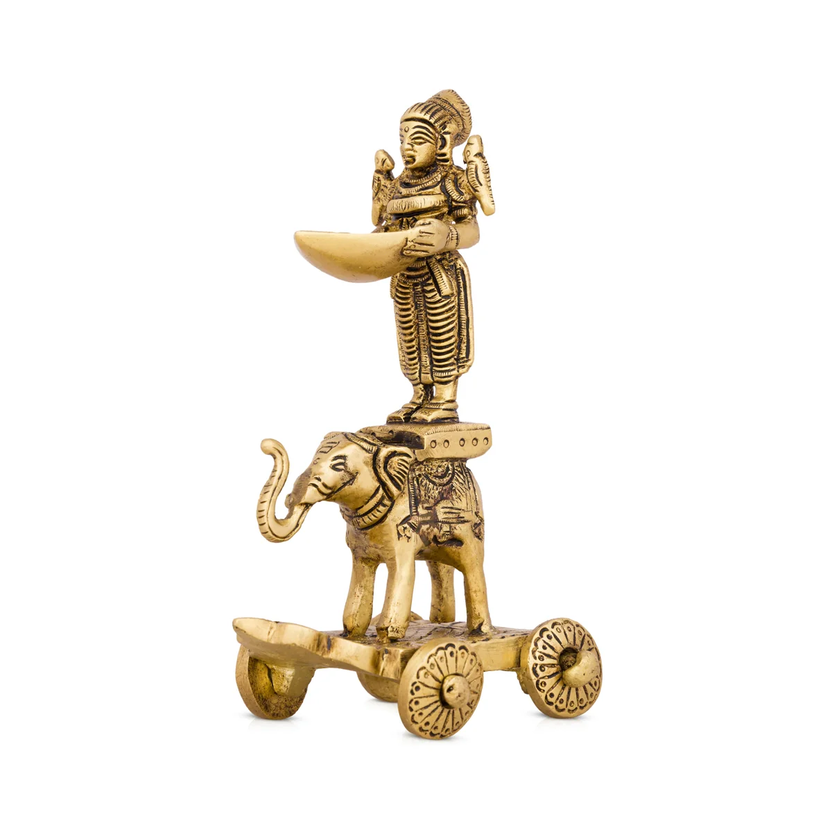 Deep Lady Standing on Elephant Wheel - 6.5 x 4 Inches | Antique Brass Idol/ Vilakku for Pooja/ 795 Gms Approx