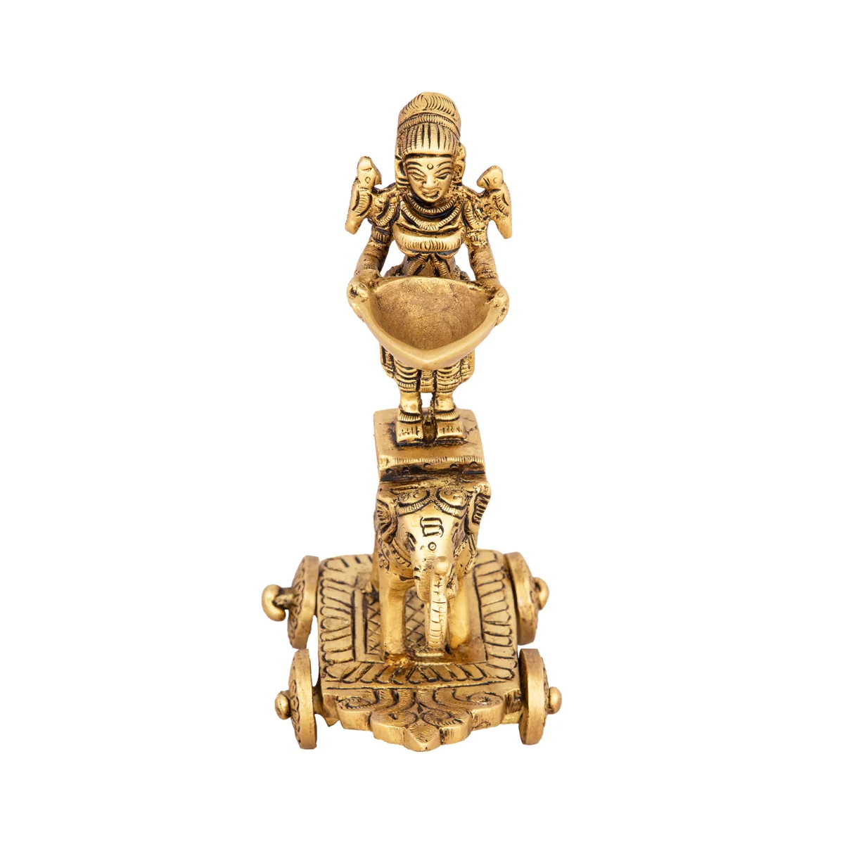 Deep Lady Standing on Elephant Wheel - 6.5 x 4 Inches | Antique Brass Idol/ Vilakku for Pooja/ 795 Gms Approx - Image 3