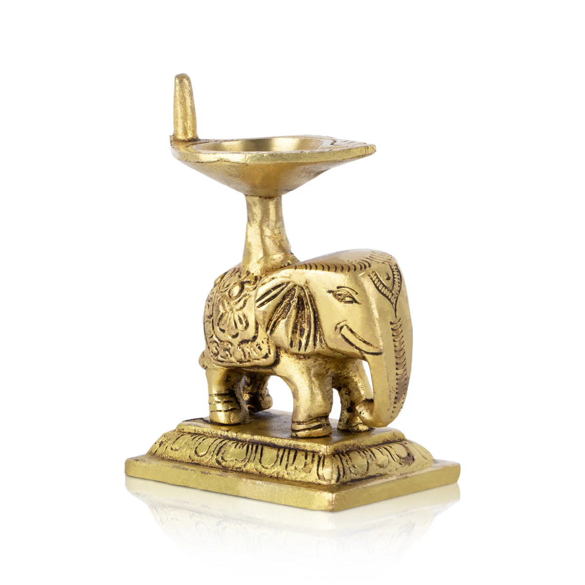 Elephant Design Brass Lamp - 3.5 x 3 Inches | Brass Pooja Diya/ Antique Polish Vilakku With Base for Home - Image 4
