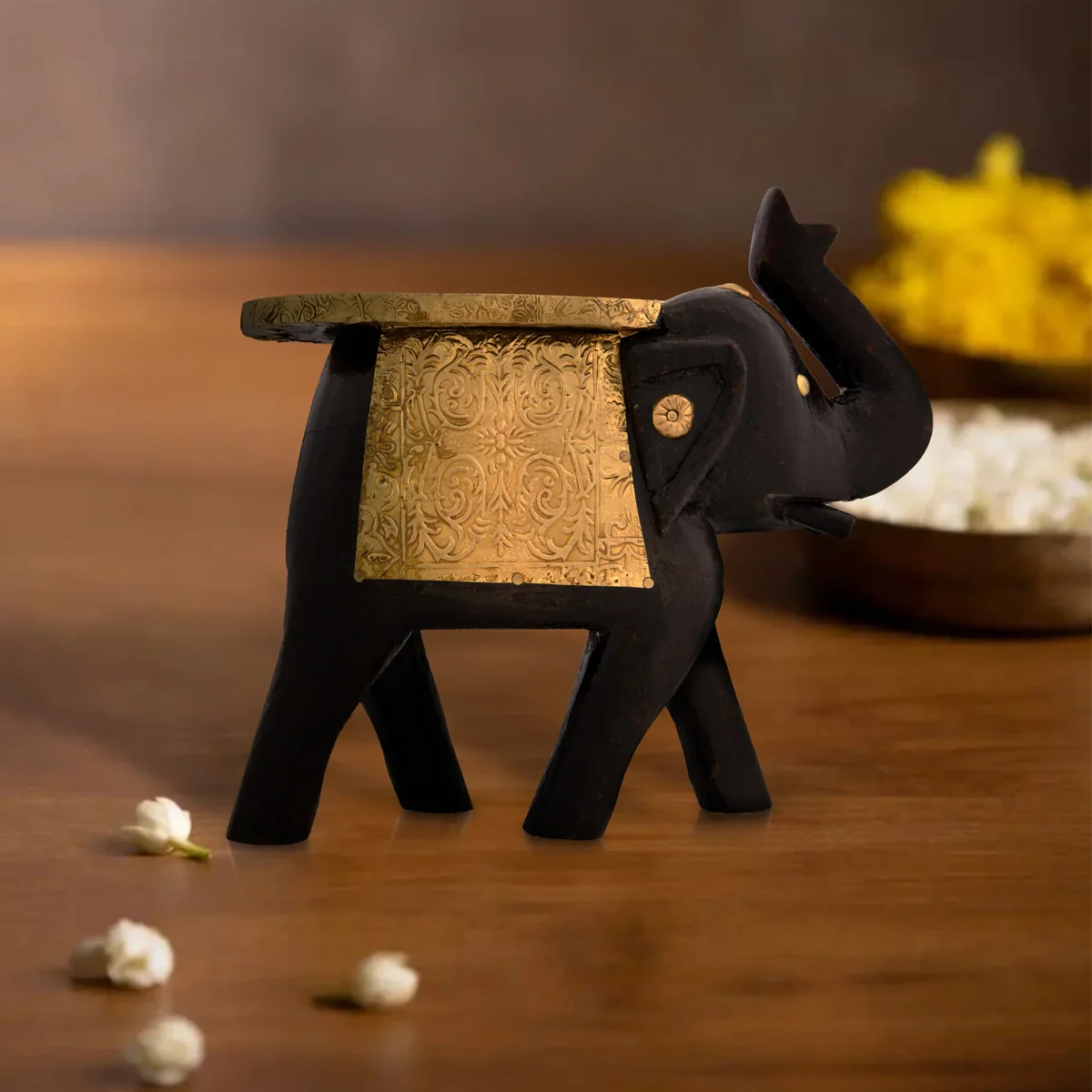 Elephant Design Stool - 6 x 8 Inches | Wooden Stool/ Brass Sheet Inlaid Stool for Home Decor - Image 6