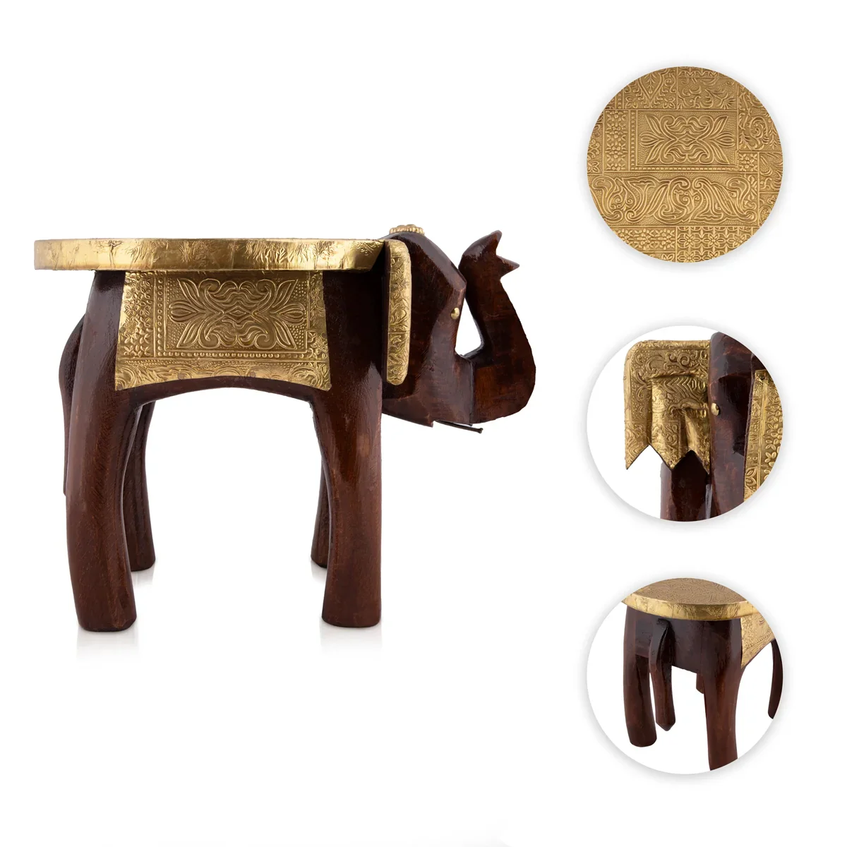 Elephant Stool - 8 x 10 Inches | Wooden Stool/ Brass Polish Decorative Stool for Home - Image 5
