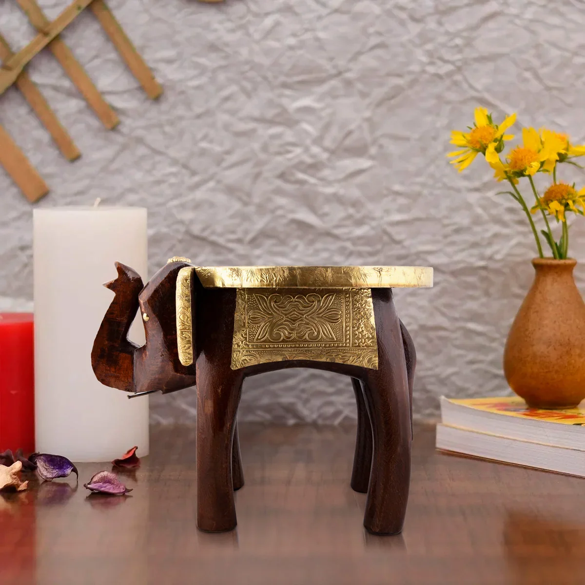 Elephant Stool - 8 x 10 Inches | Wooden Stool/ Brass Polish Decorative Stool for Home - Image 8