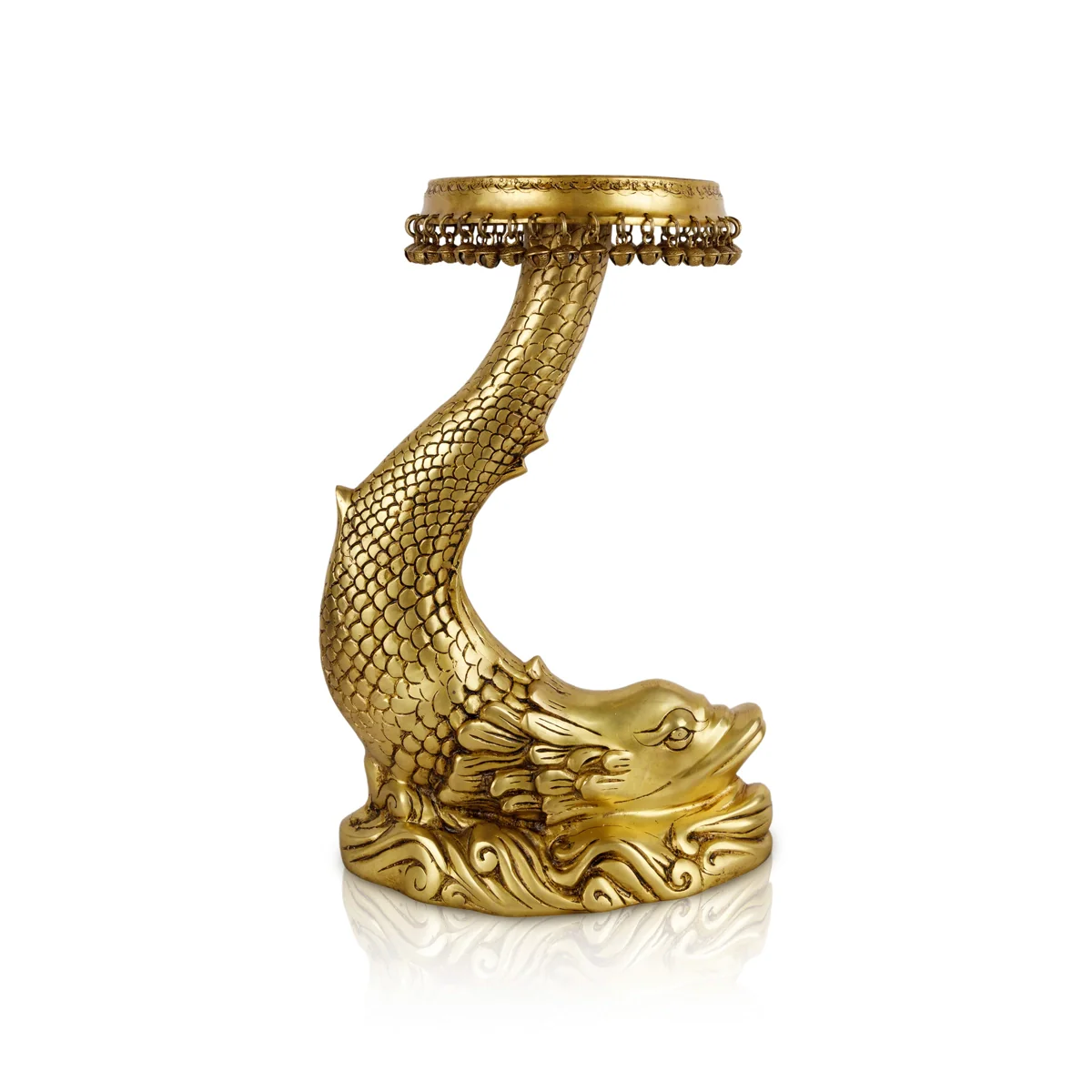 Fish Design Pooja Stand - 20 x 13 Inches | Ghungroo & Brass Stand/ Antique Polish Stool for Deity - Image 3