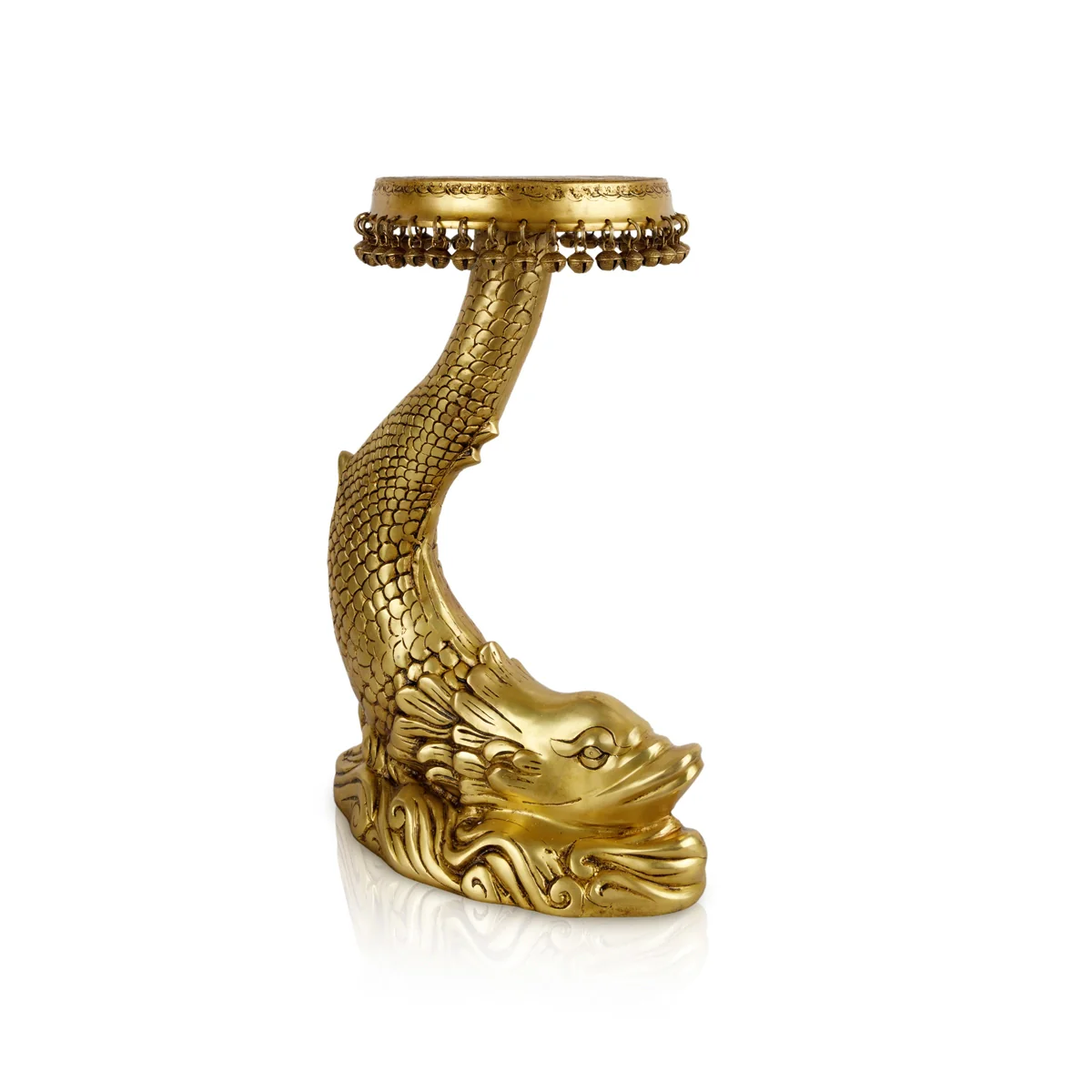 Fish Design Pooja Stand - 20 x 13 Inches | Ghungroo & Brass Stand/ Antique Polish Stool for Deity - Image 4