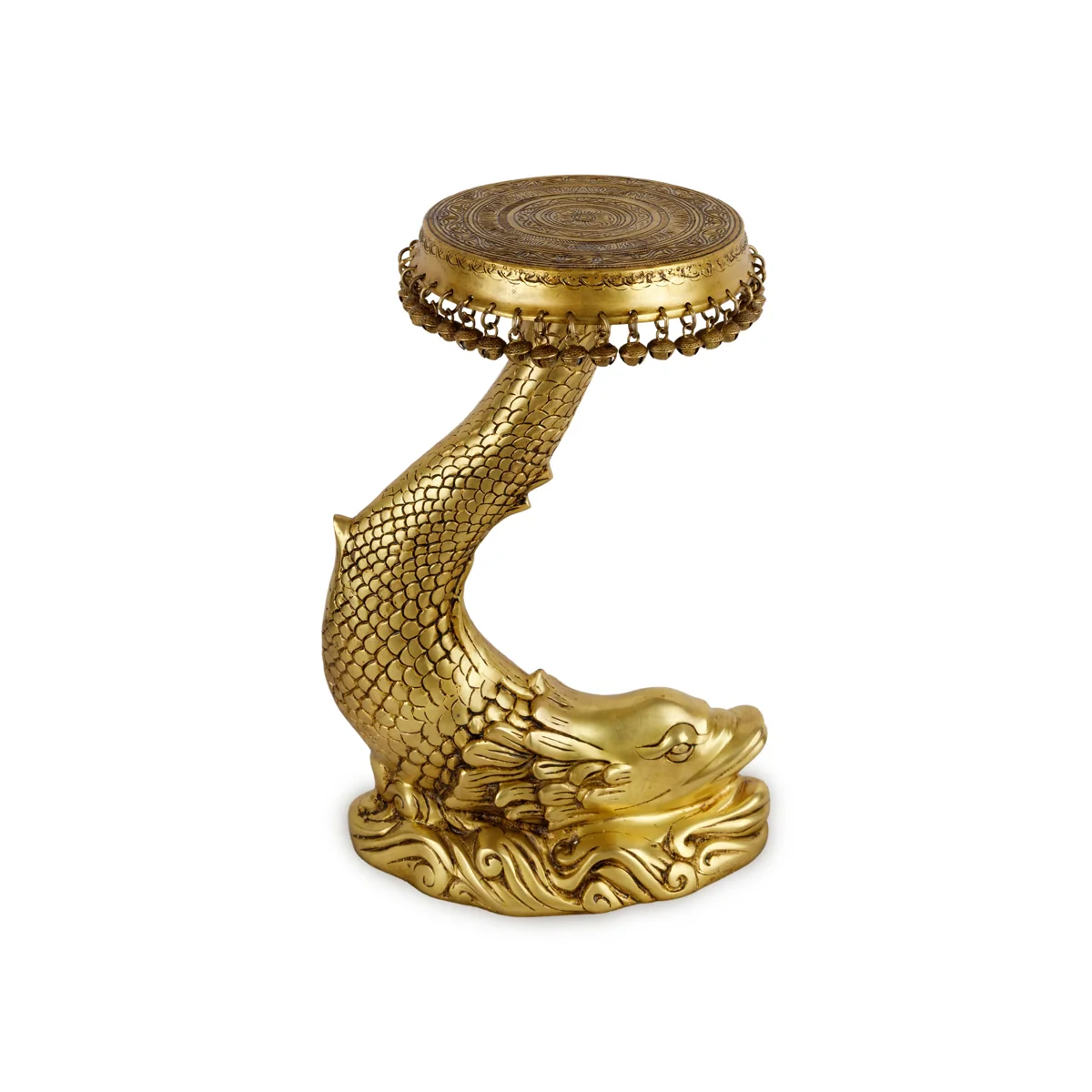 Fish Design Pooja Stand - 20 x 13 Inches | Ghungroo & Brass Stand/ Antique Polish Stool for Deity - Image 5