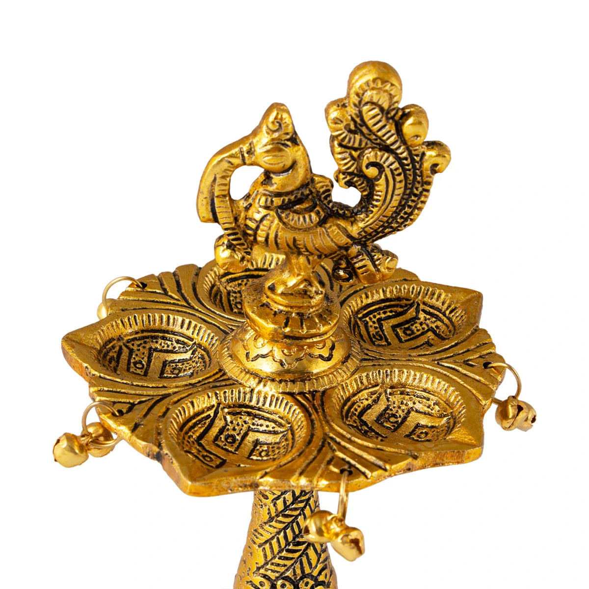 Five Face Kuthu Vilakku - 8 x 3.5 Inches | Aluminium & Peacock Design Lamp/ Gold Polish Deepam for Home & Temple - Image 4