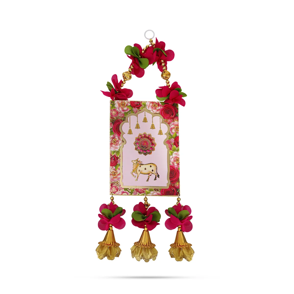 Floral Cow Motif Wall Hanging - 16 Inches | Decorative Door Hanging With Bells For Home Entrance & Pooja Decor