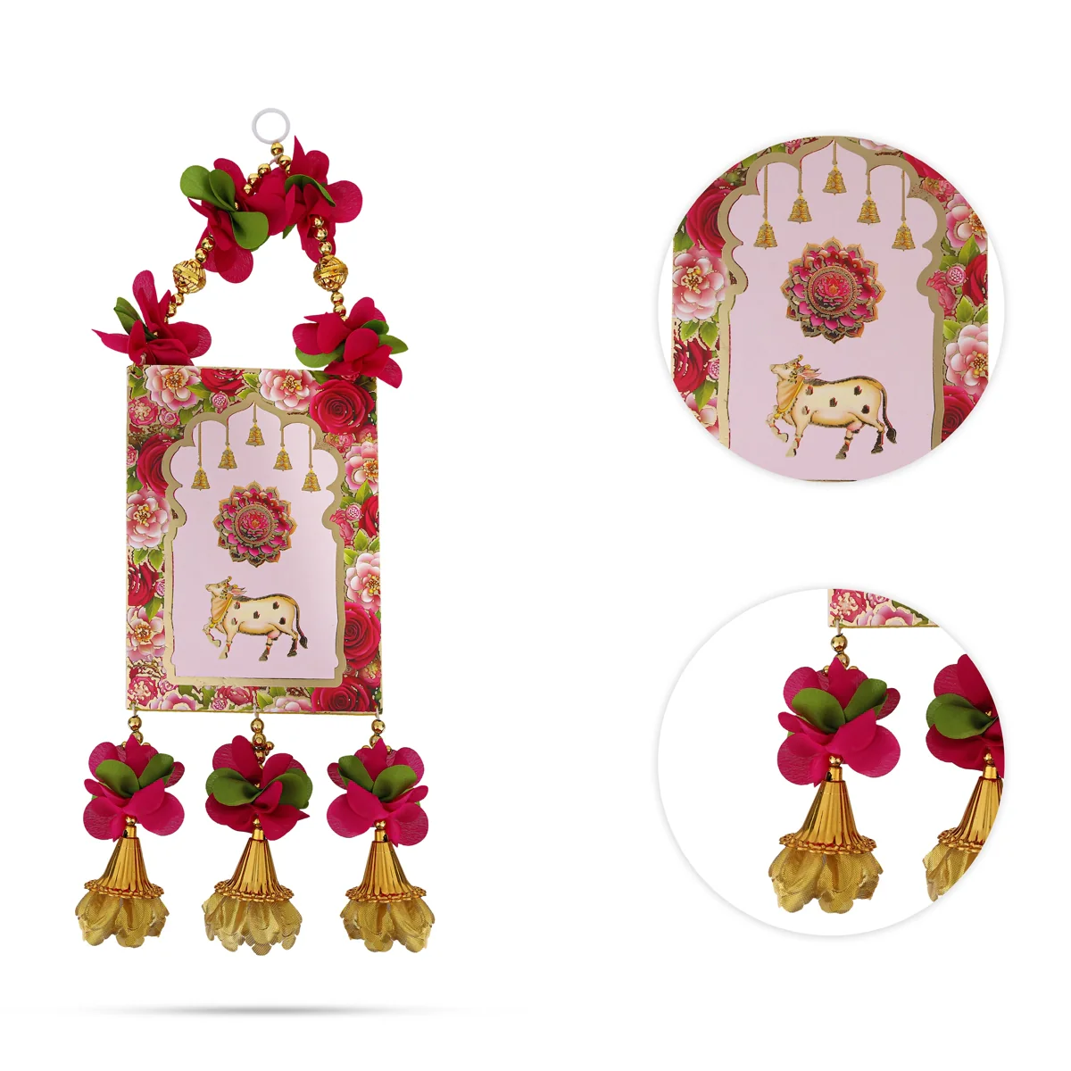Floral Cow Motif Wall Hanging - 16 Inches | Decorative Door Hanging With Bells For Home Entrance & Pooja Decor - Image 2