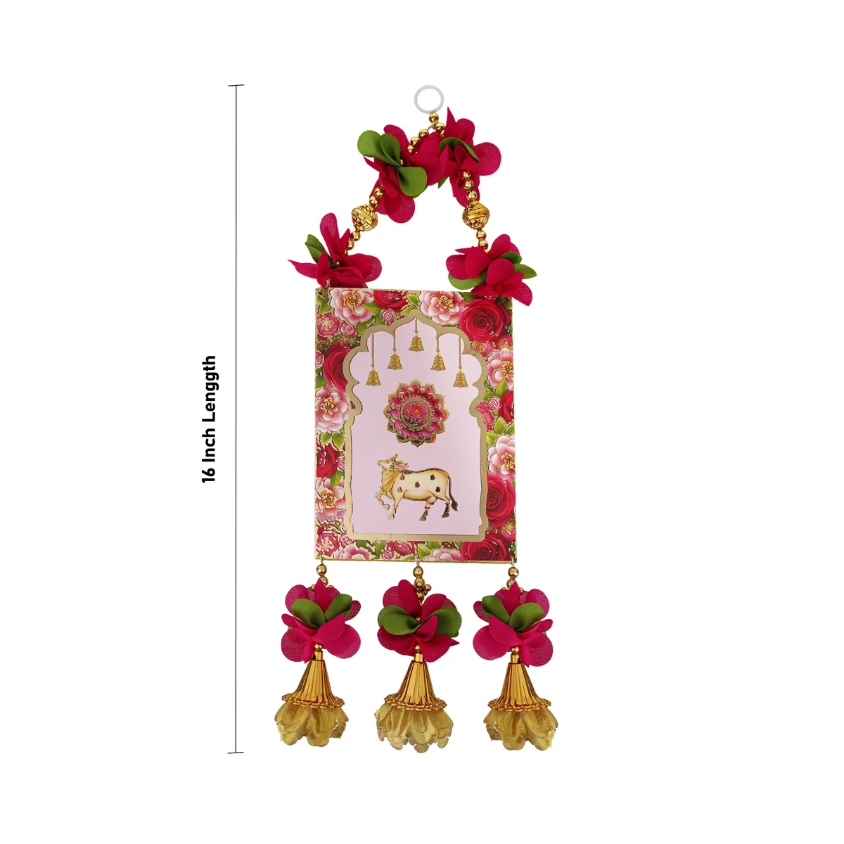 Floral Cow Motif Wall Hanging - 16 Inches | Decorative Door Hanging With Bells For Home Entrance & Pooja Decor - Image 3
