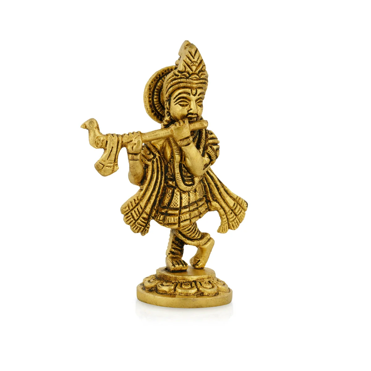 Flute Krishna Murti Standing On Base - 4 x 2.5 Inches | Krishna Idol/ Antique Brass Idol for Pooja - Image 2