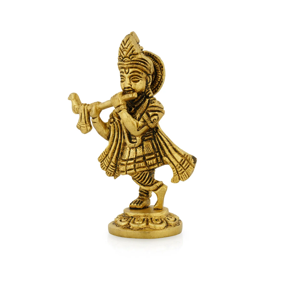 Flute Krishna Murti Standing On Base - 4 x 2.5 Inches | Krishna Idol/ Antique Brass Idol for Pooja - Image 3