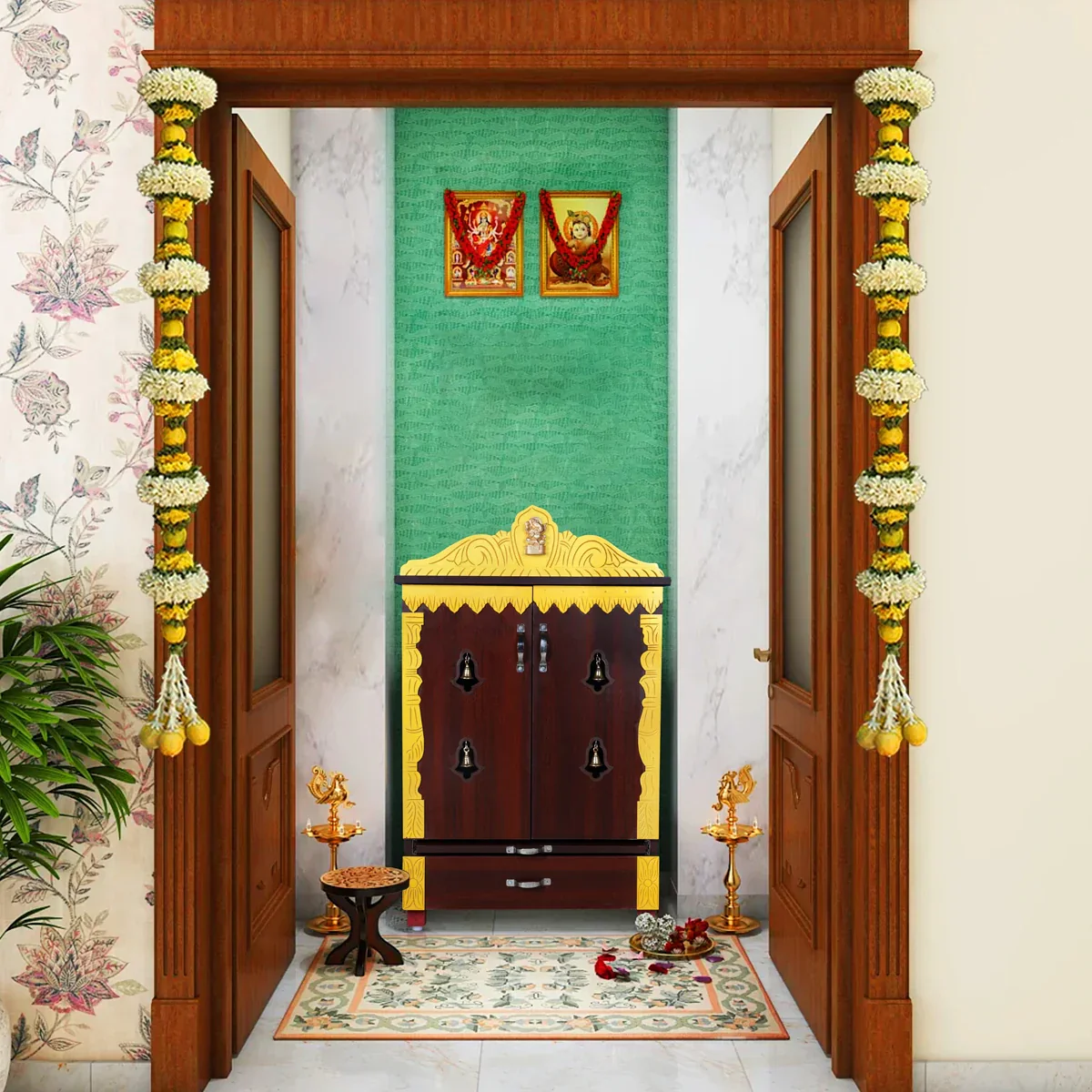 Pooja Mandir With Doors - 40 x 25 Inches | Wooden Mandir/ Bell With Leg Puja Stand/ Wooden Temple for Home