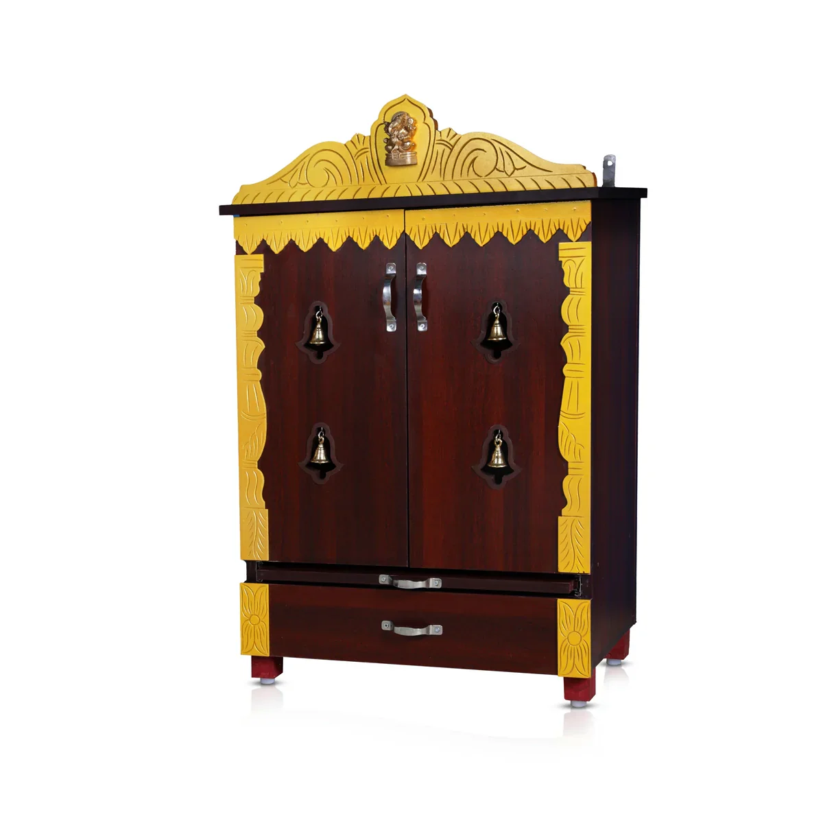 Pooja Mandir With Doors - 40 x 25 Inches | Wooden Mandir/ Bell With Leg Puja Stand/ Wooden Temple for Home - Image 4