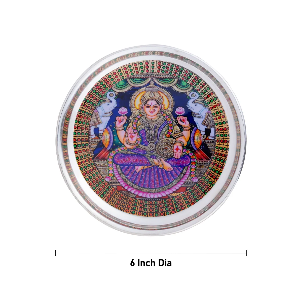 Gajalakshmi Murti Design Pooja Plate- 6 Inches | Stainless Steel Thali Plate/ Silver Polish Puja Plate For Aarti - Image 2