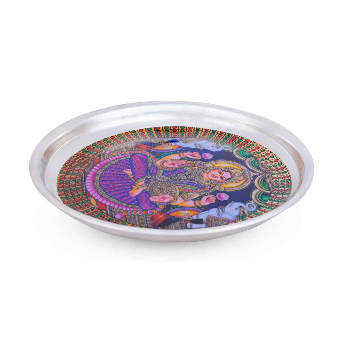 Gajalakshmi Murti Design Pooja Plate- 6 Inches | Stainless Steel Thali Plate/ Silver Polish Puja Plate For Aarti - Image 3