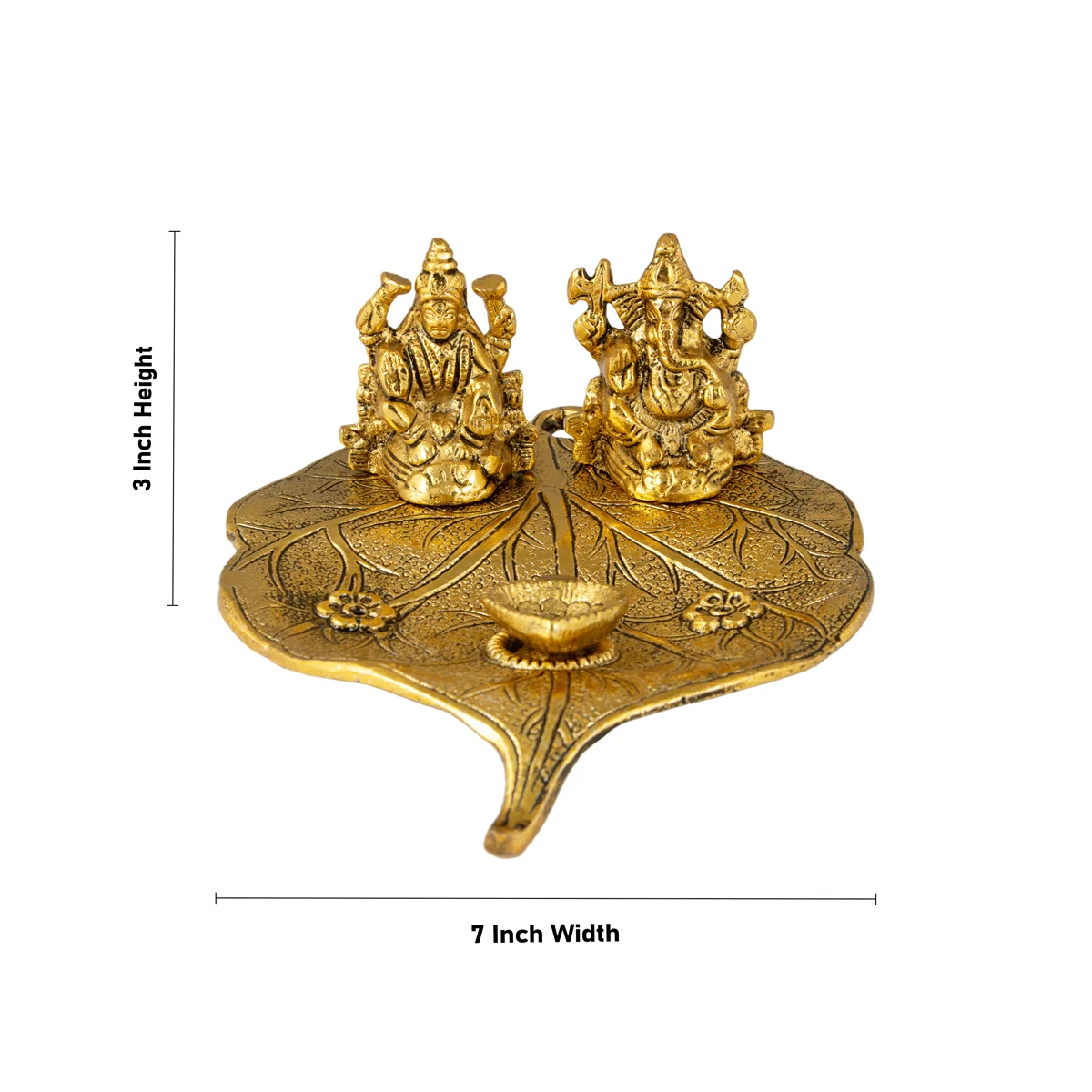 Ganesh Lakshmi Murti With Leaf Design Plate - 3 x 7 Inches | Aluminium&Gold Polish Ganpati Laxmi Idol &Deep for Pooja - Image 2