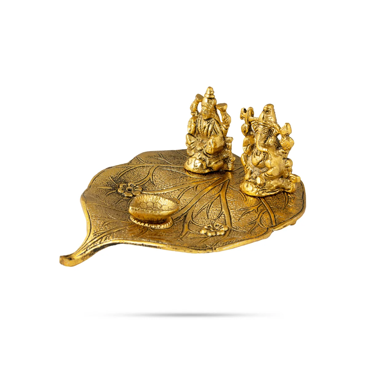 Ganesh Lakshmi Murti With Leaf Design Plate - 3 x 7 Inches | Aluminium&Gold Polish Ganpati Laxmi Idol &Deep for Pooja - Image 3