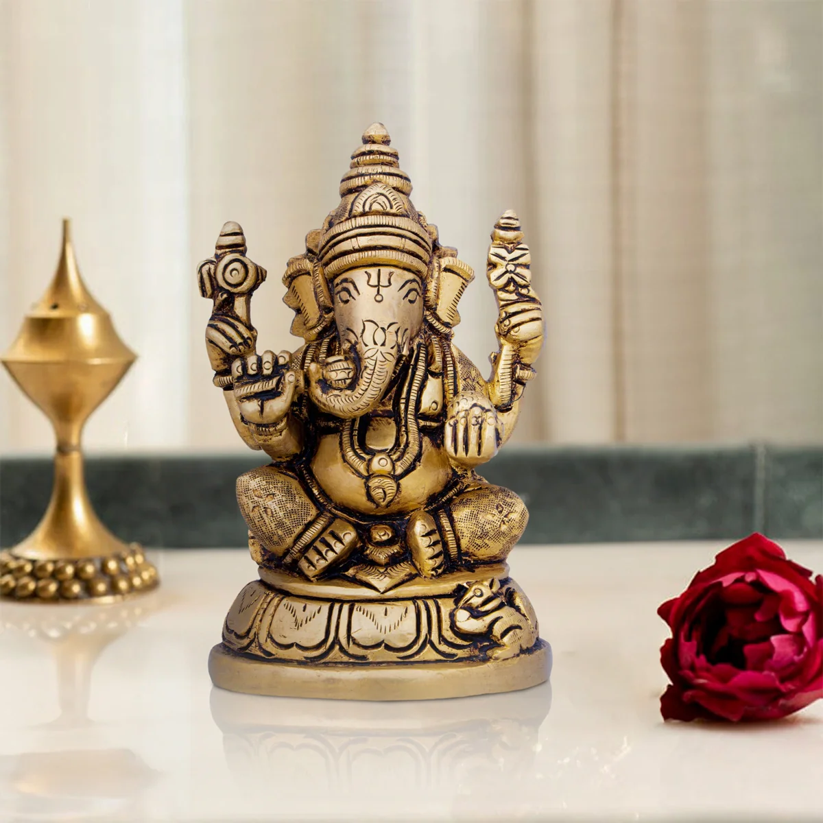 Ganesh Murti - 5 x 3 Inches | Antique Brass Statue/ Ganpati Murti/ Vinayaka Idol for Pooja/ 995 Gms Approx