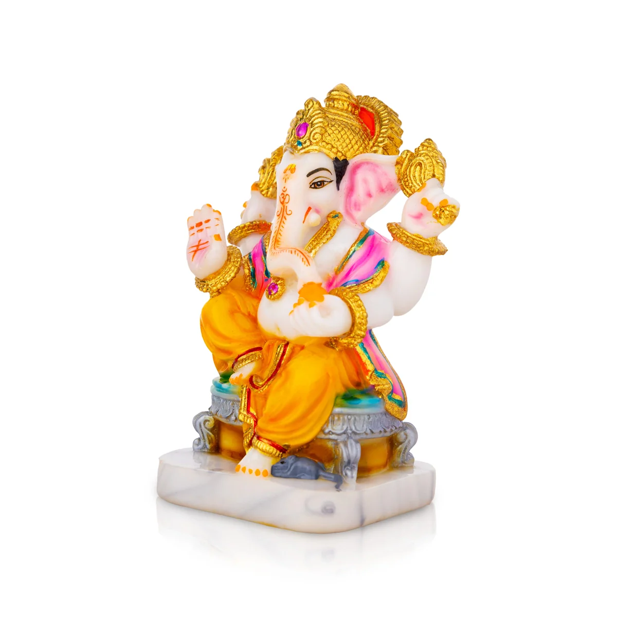 Ganesh Murti Sitting On Bajot - 7.5 X 6 Inches | Marble Dust Murti/ Painted Vinayaka Statue For Worship - Image 2