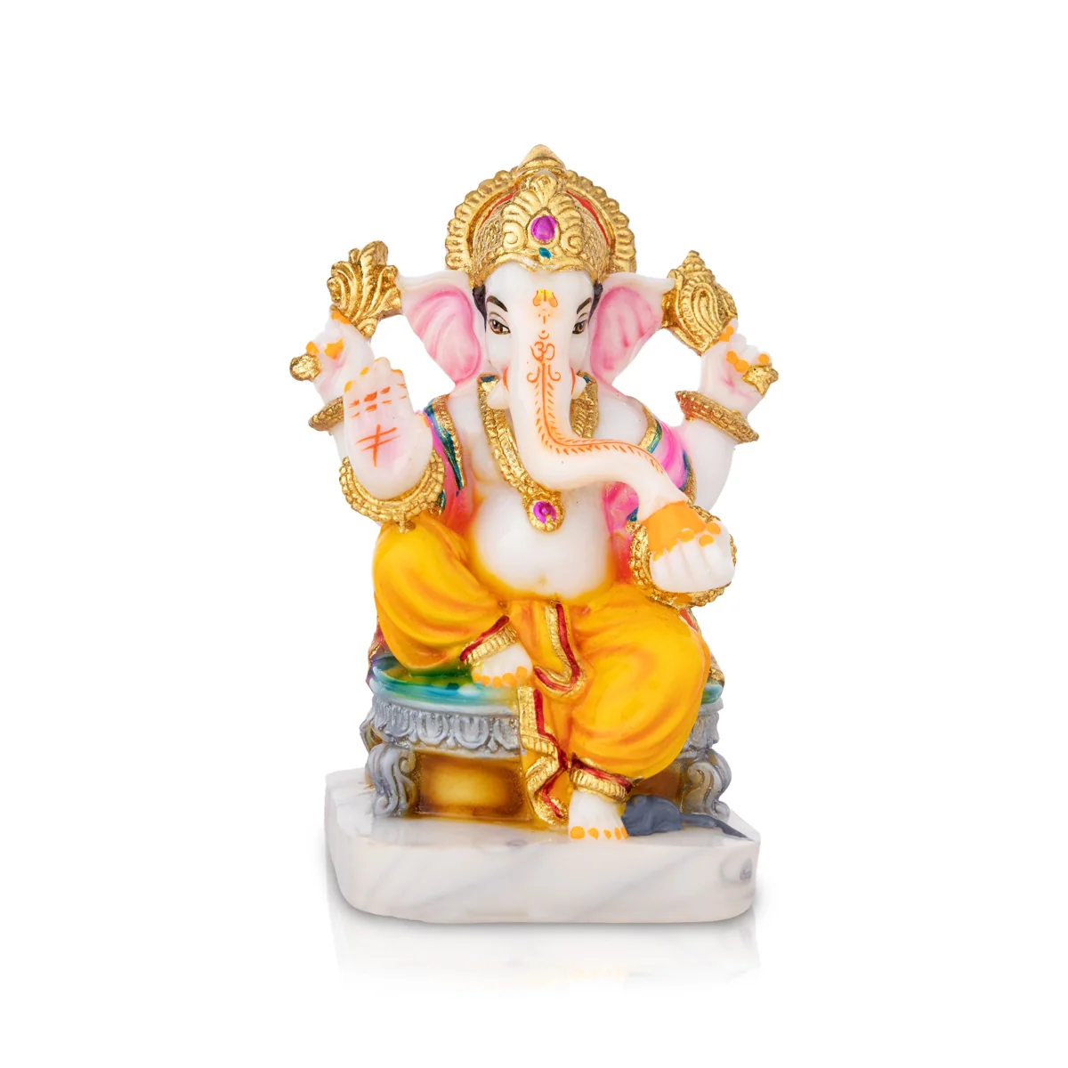 Ganesh Murti Sitting On Bajot - 7.5 X 6 Inches | Marble Dust Murti/ Painted Vinayaka Statue For Worship - Image 4