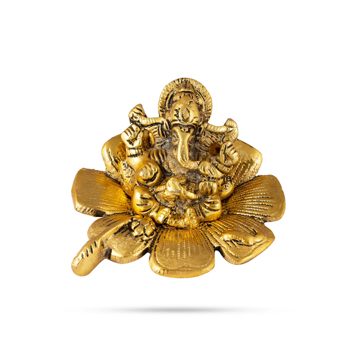 Ganesh Murti Sitting On Hibiscus Flower - 2.5 x 4.5 Inches | Aluminium/ Gold Polish Ganpati Murti for Pooja