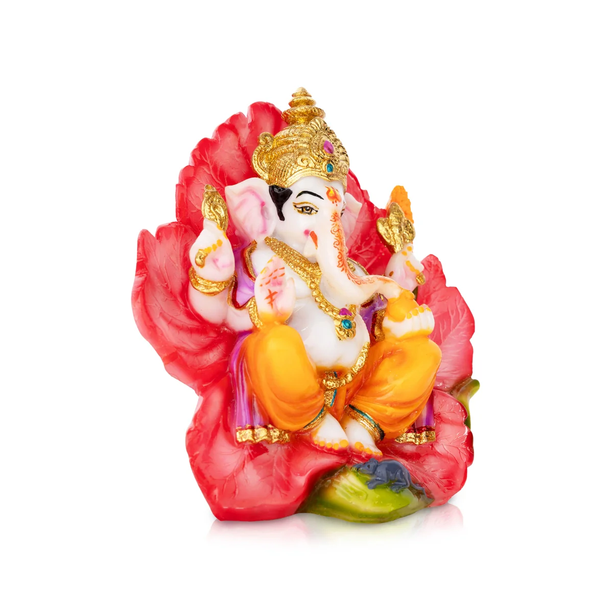 Ganesh Murti Sitting On Hibiscus Flower- 7 X 7 Inches | Marble Dust Murti/ Painted Vinayaka Statue For Worship - Image 2