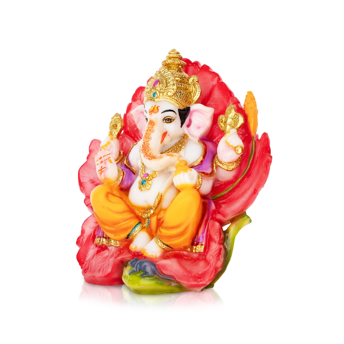 Ganesh Murti Sitting On Hibiscus Flower- 7 X 7 Inches | Marble Dust Murti/ Painted Vinayaka Statue For Worship - Image 3