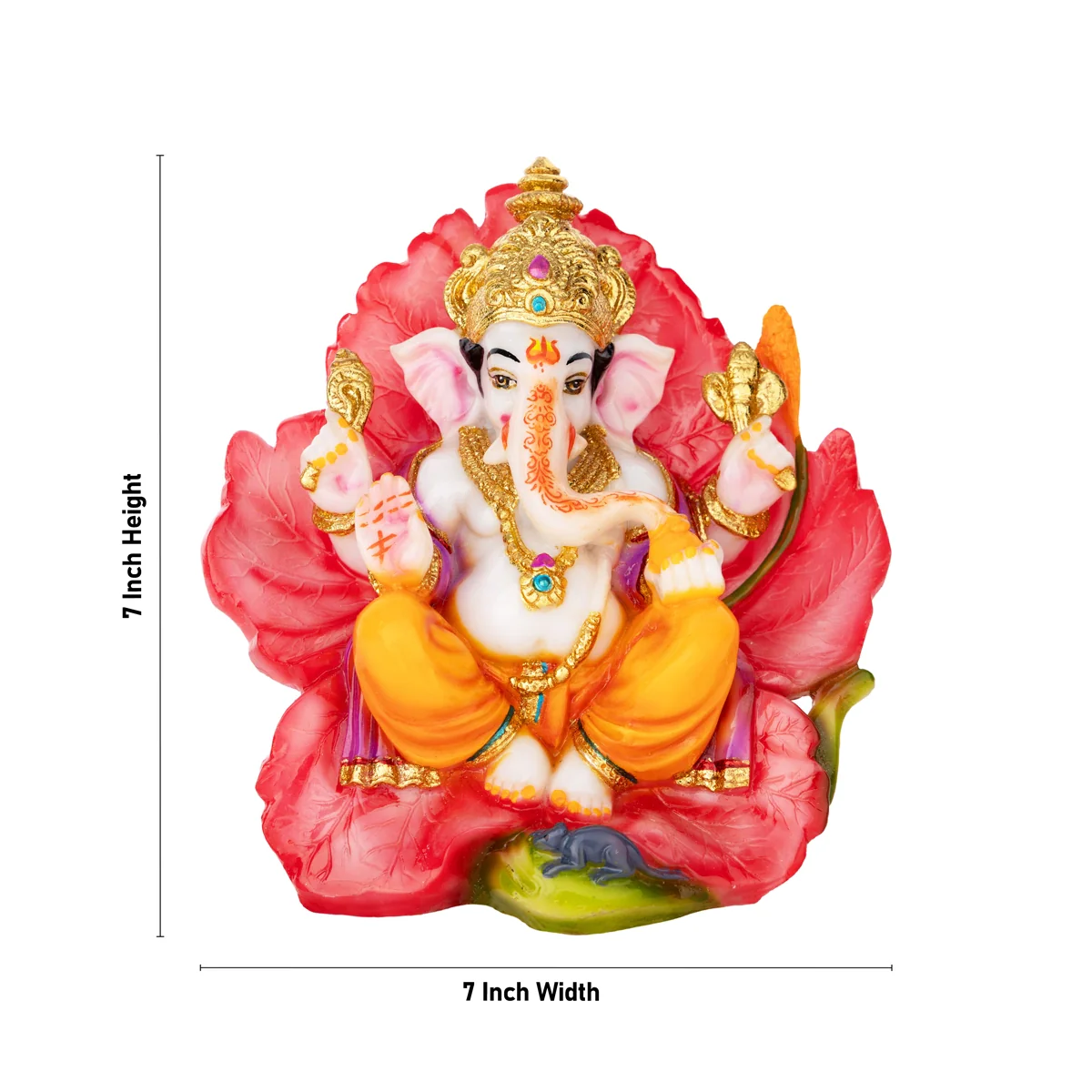 Ganesh Murti Sitting On Hibiscus Flower- 7 X 7 Inches | Marble Dust Murti/ Painted Vinayaka Statue For Worship - Image 4