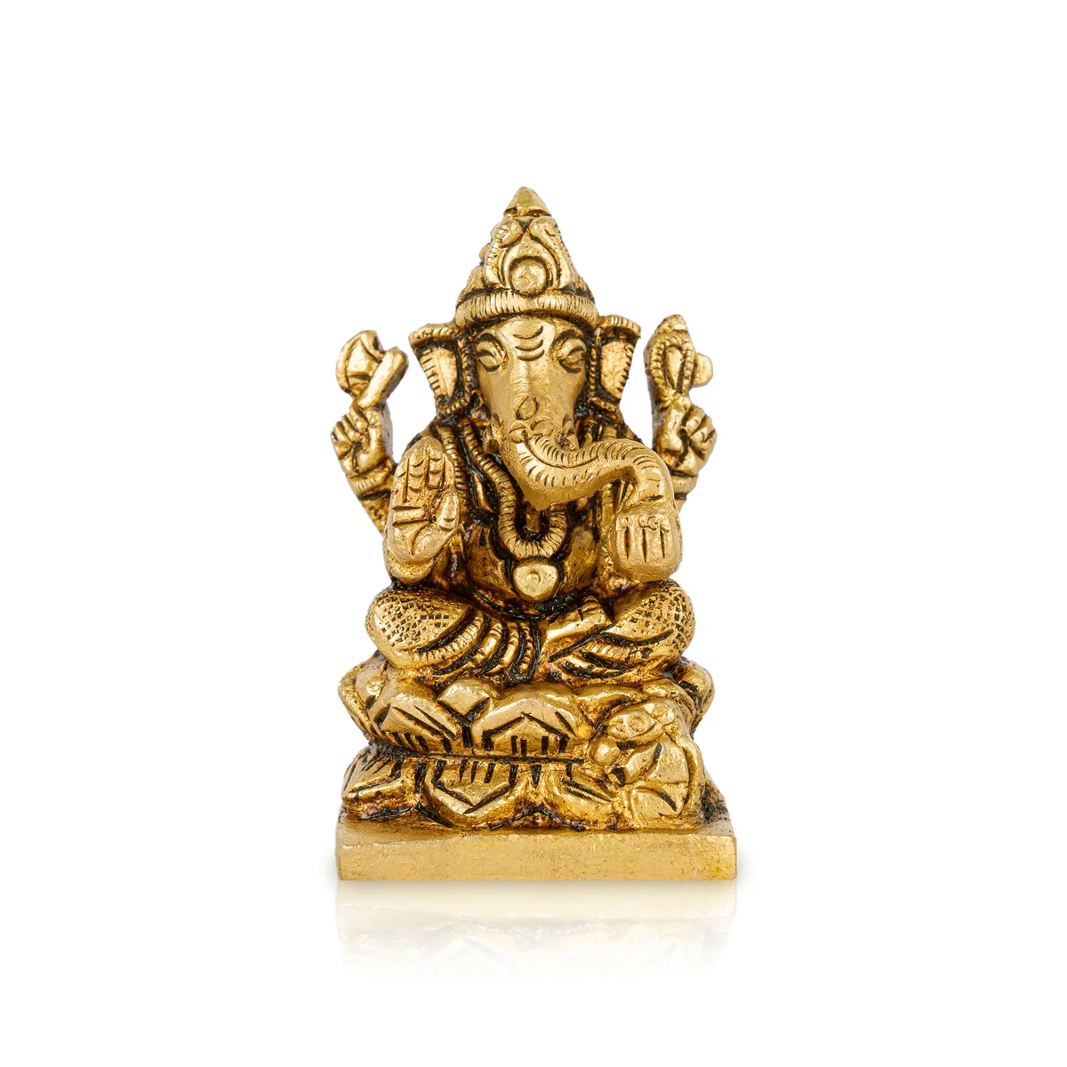 Ganesh Murti Sitting On Lotus Base - 2 x 1.5 Inches | Antique Brass Idol/ Ganesh Idol for Pooja
