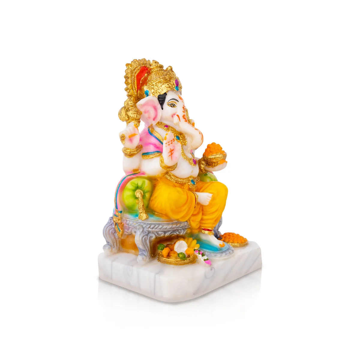 Ganesh Murti Sitting On Sinhasan - 7 X 5 Inches | Marble Dust Murti/ Painted Vinayaka Statue For Worship - Image 2
