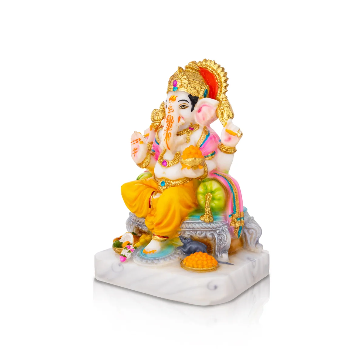 Ganesh Murti Sitting On Sinhasan - 7 X 5 Inches | Marble Dust Murti/ Painted Vinayaka Statue For Worship - Image 3
