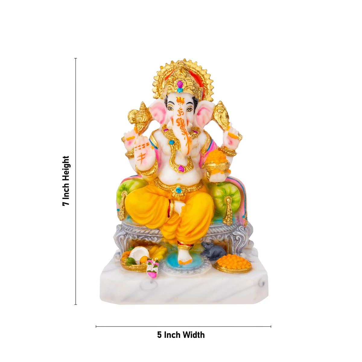 Ganesh Murti Sitting On Sinhasan - 7 X 5 Inches | Marble Dust Murti/ Painted Vinayaka Statue For Worship - Image 4