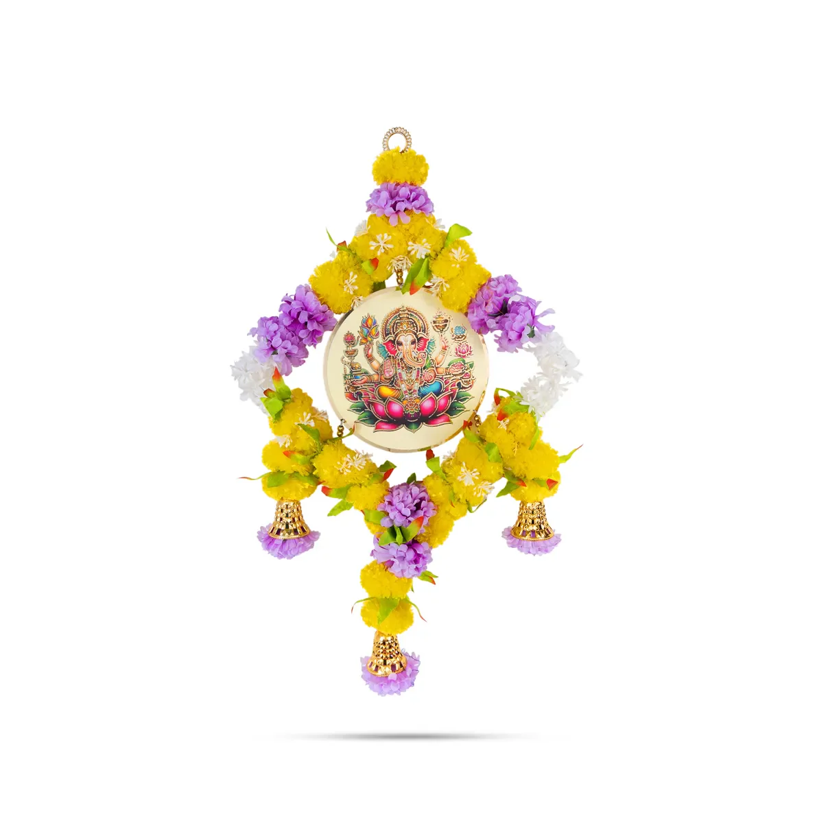 Ganesh Wall Hanging - 23 Inches | Floral Ring With Bells / Decorative Pooja Wall Decor For Home Entrance Door