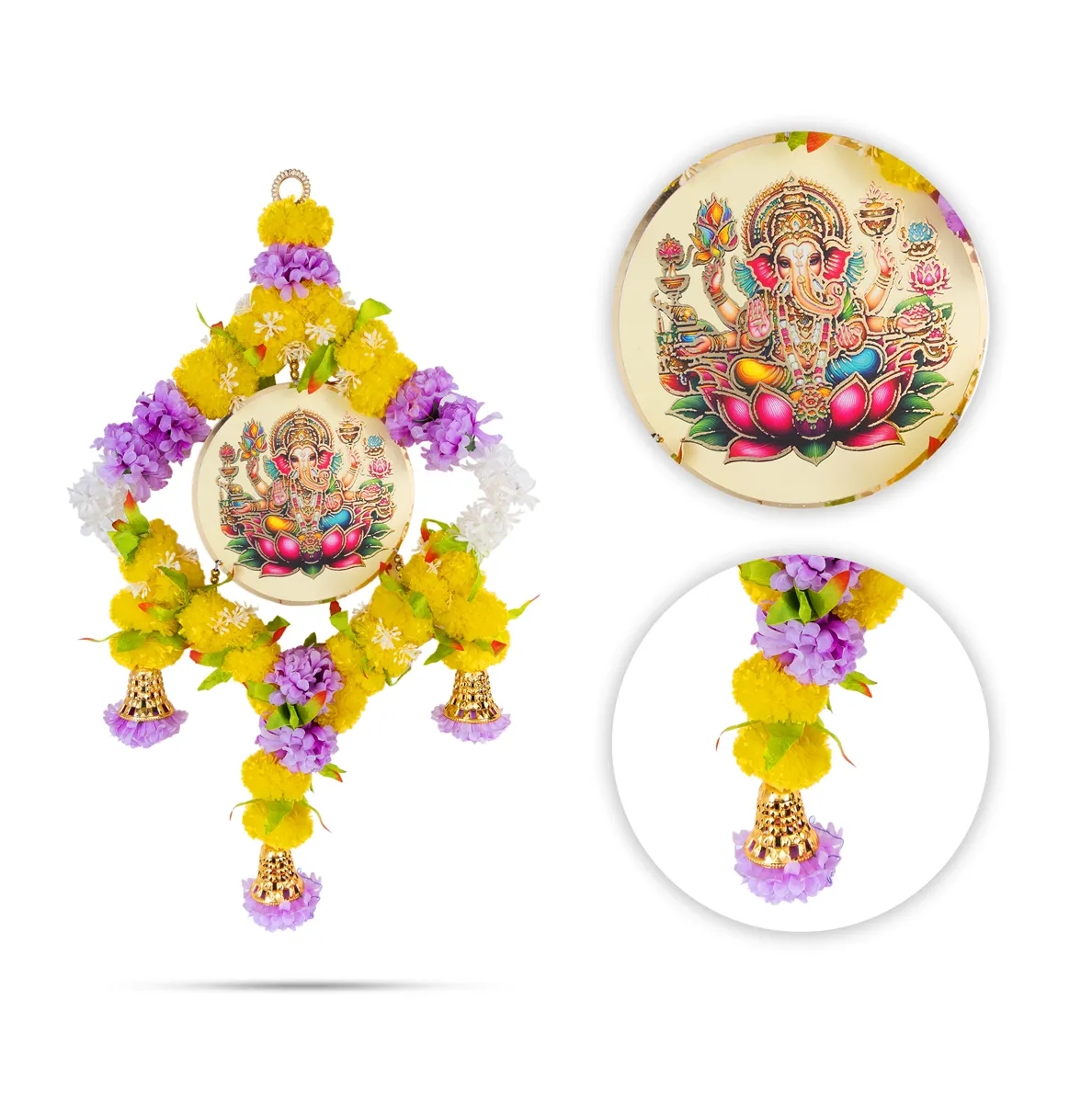 Ganesh Wall Hanging - 23 Inches | Floral Ring With Bells / Decorative Pooja Wall Decor For Home Entrance Door - Image 2