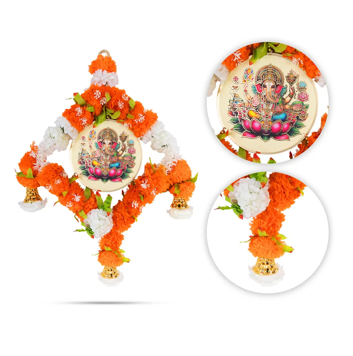 Ganesh Wall Hanging - 23 Inches | Floral Ring With Bells / Decorative Pooja Wall Decor For Home Entrance Door - Image 4